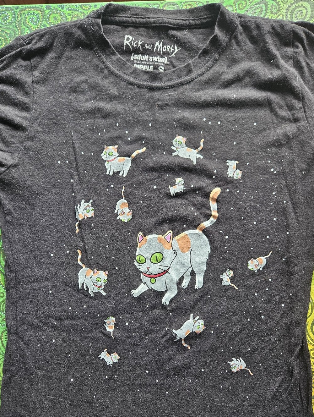 Adult Swim Black Tee with Floating Calico Cats Womens Small